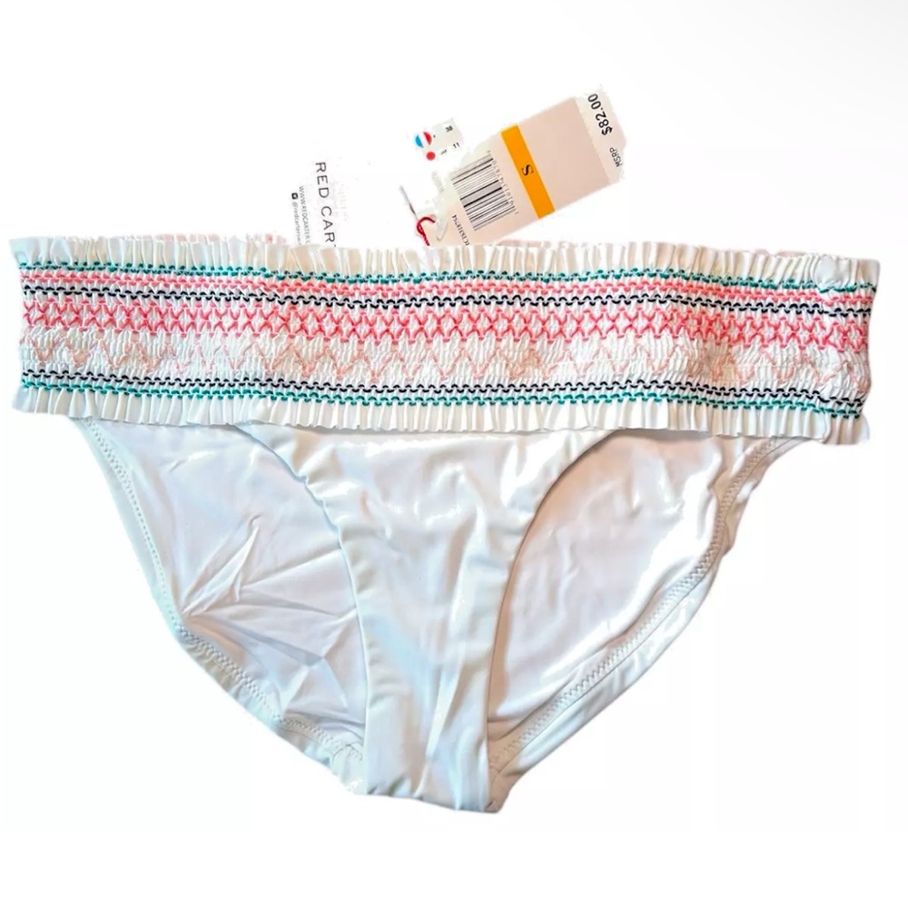 $82 Red Carter Smocked Band Hipster Bikini Bottoms Small 4 6 White Mod Coverage